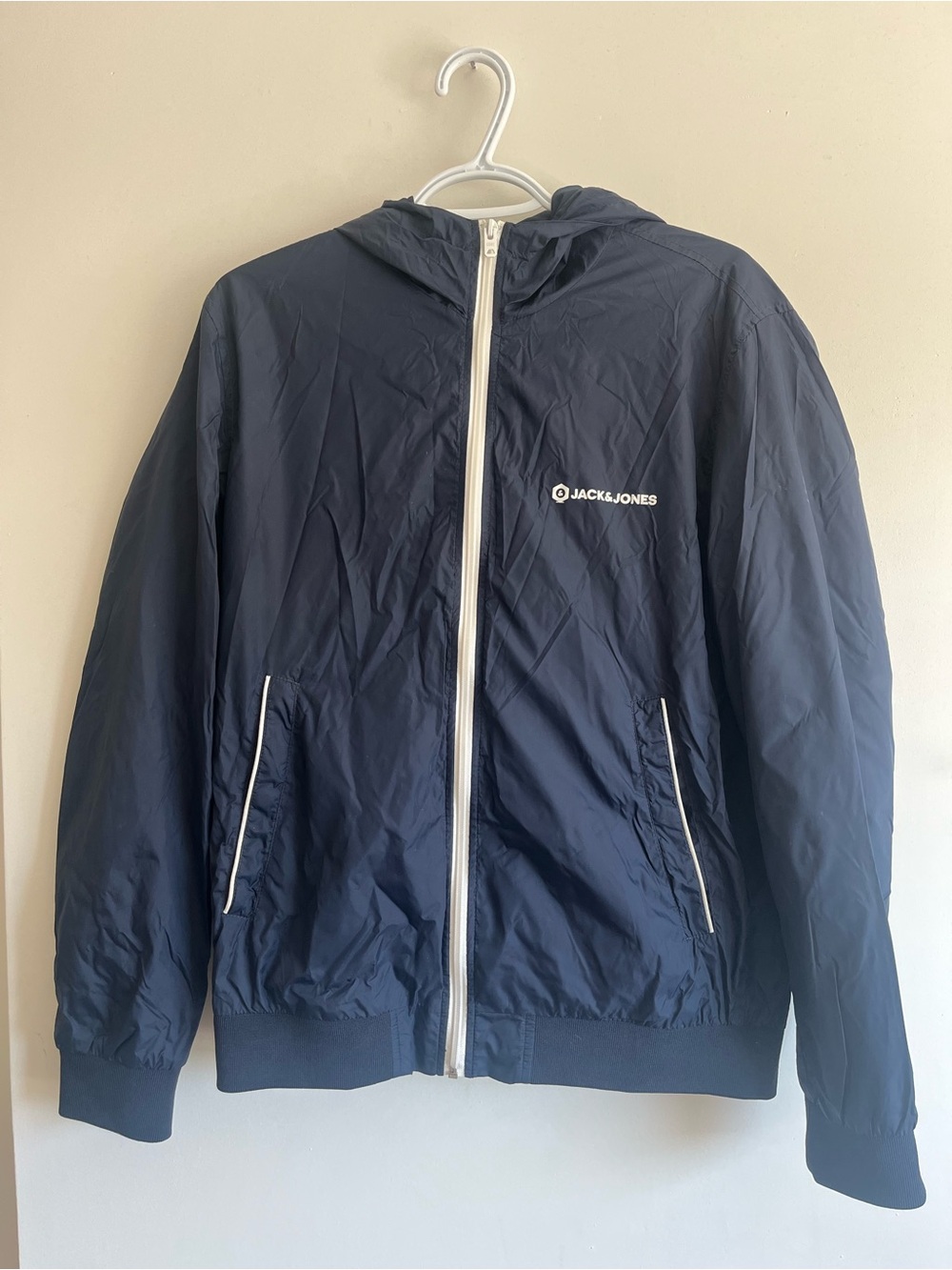 Jack & Jones Navy Hooded Windbreaker with White Trim